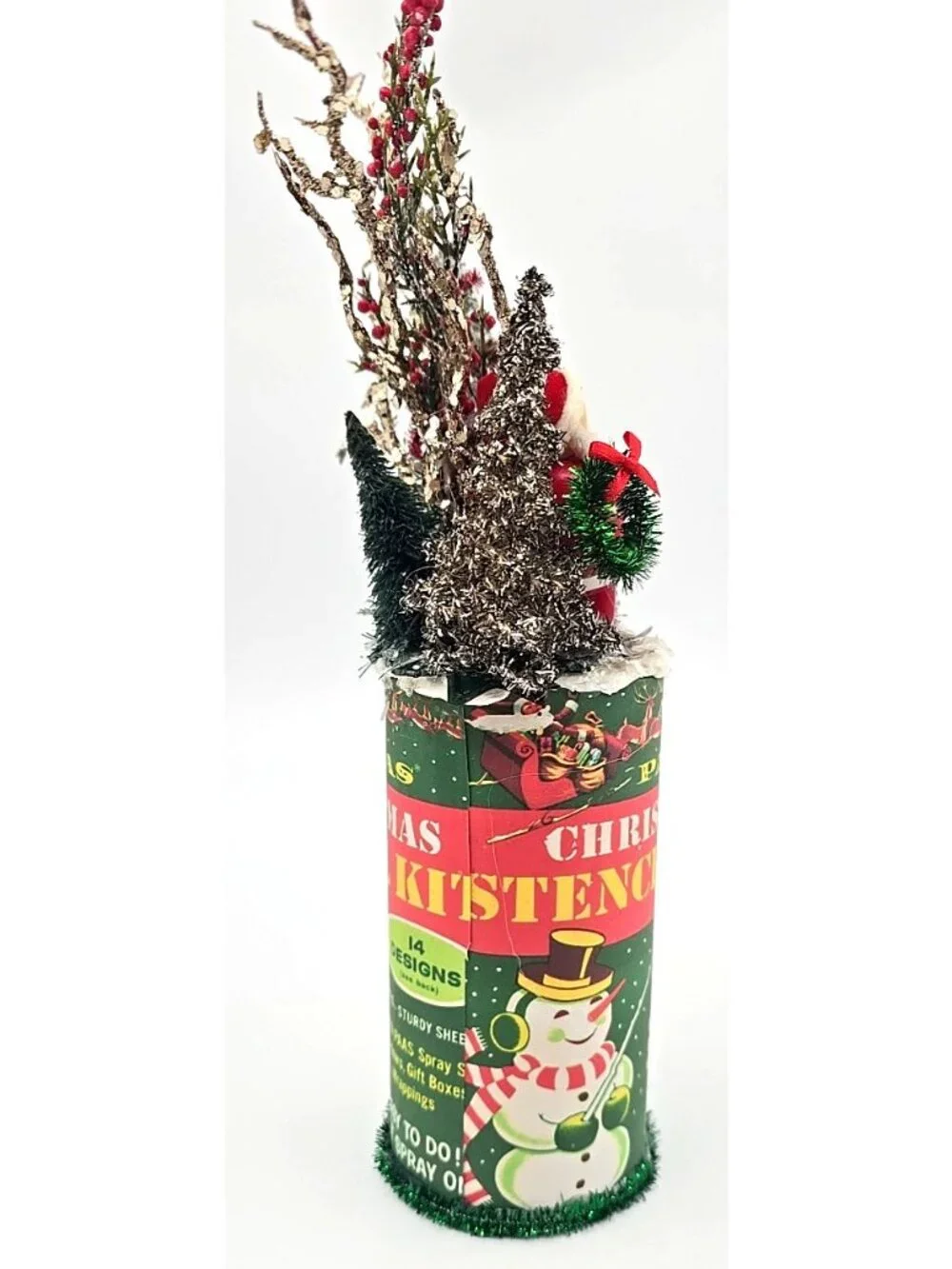 OOAK Christmas Assemblage Art Vtg Kitsch Bottle Brush Tree Santa Mica Handmade